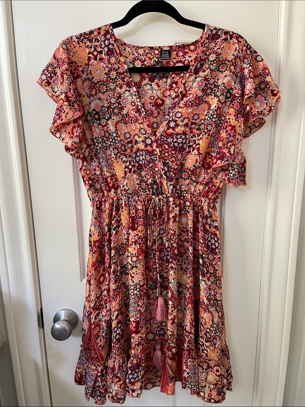 Floral Tassel Drawstring Silk Mini Dress in Pink